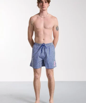 Maillot De Bain Rayé Blanc/Marine Brodé BISOUS SKATEBOARDS