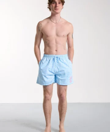 Maillot De Bain Vichy Bleu Clair Brodé BISOUS SKATEBOARDS